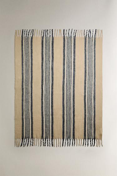 Zara BRUSHED BLANKET WITH CENTRAL STRIPES AND FRINGING - Bluish - Image 0