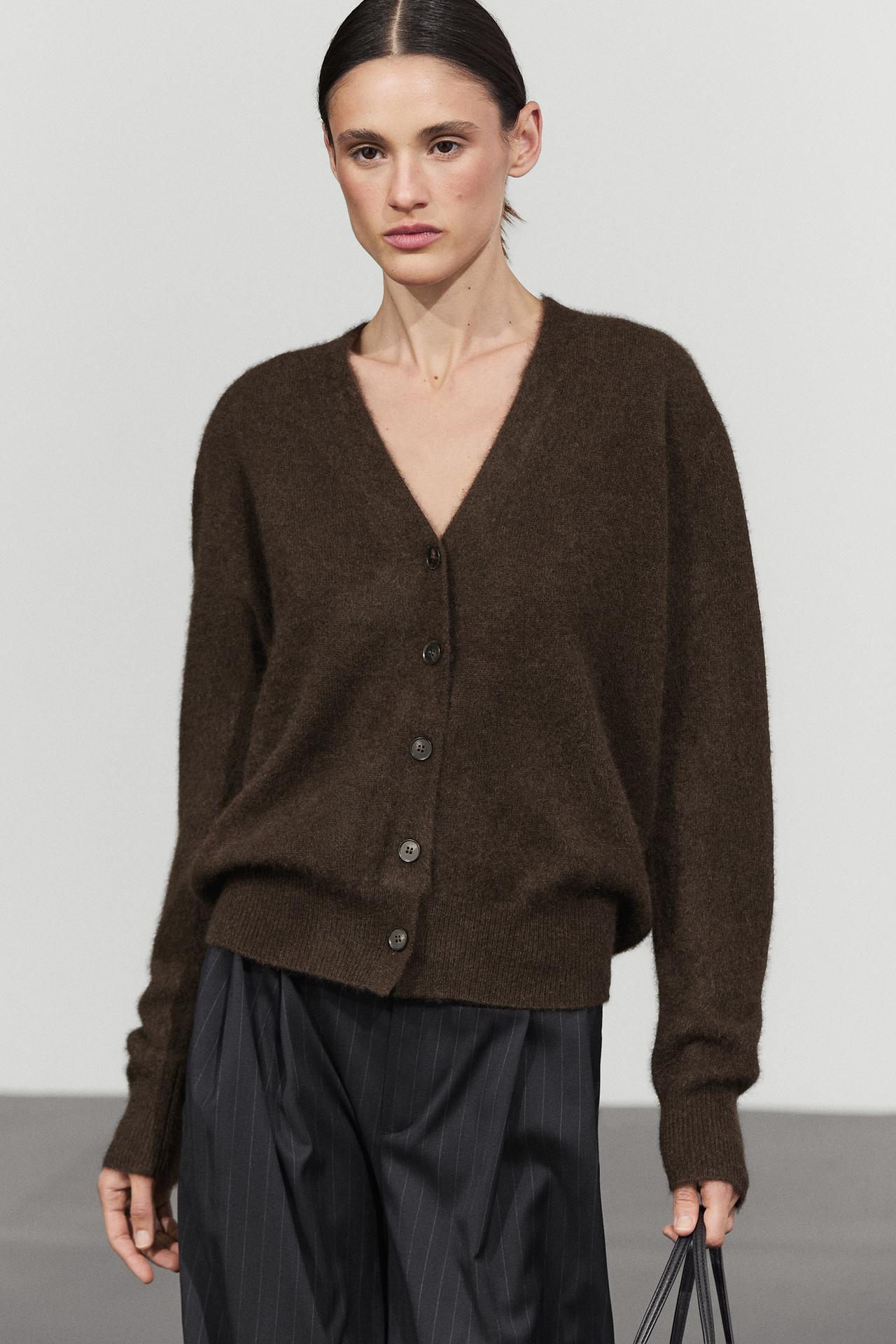 Brushed wool blend V-neck cardigan — Brown