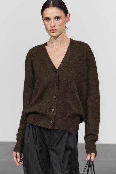 Brushed wool blend V-neck cardigan — Brown 2