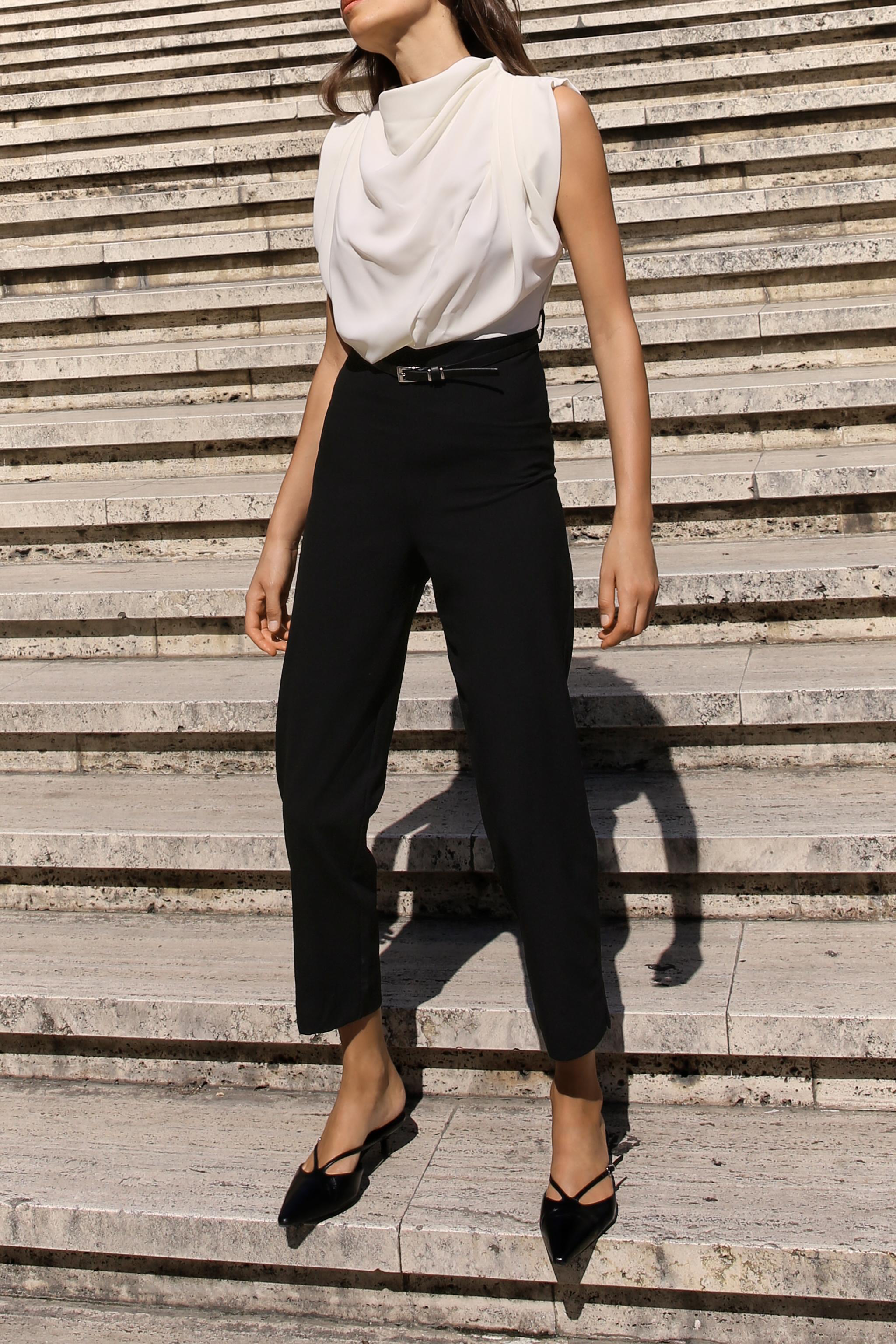 Zara Contrast Belted Crepe Jumpsuit Black White Women