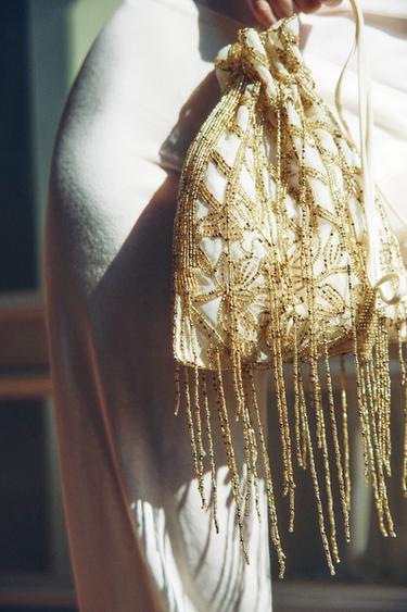 Zara SEQUIN RUCHED BUCKET BAG - Golden