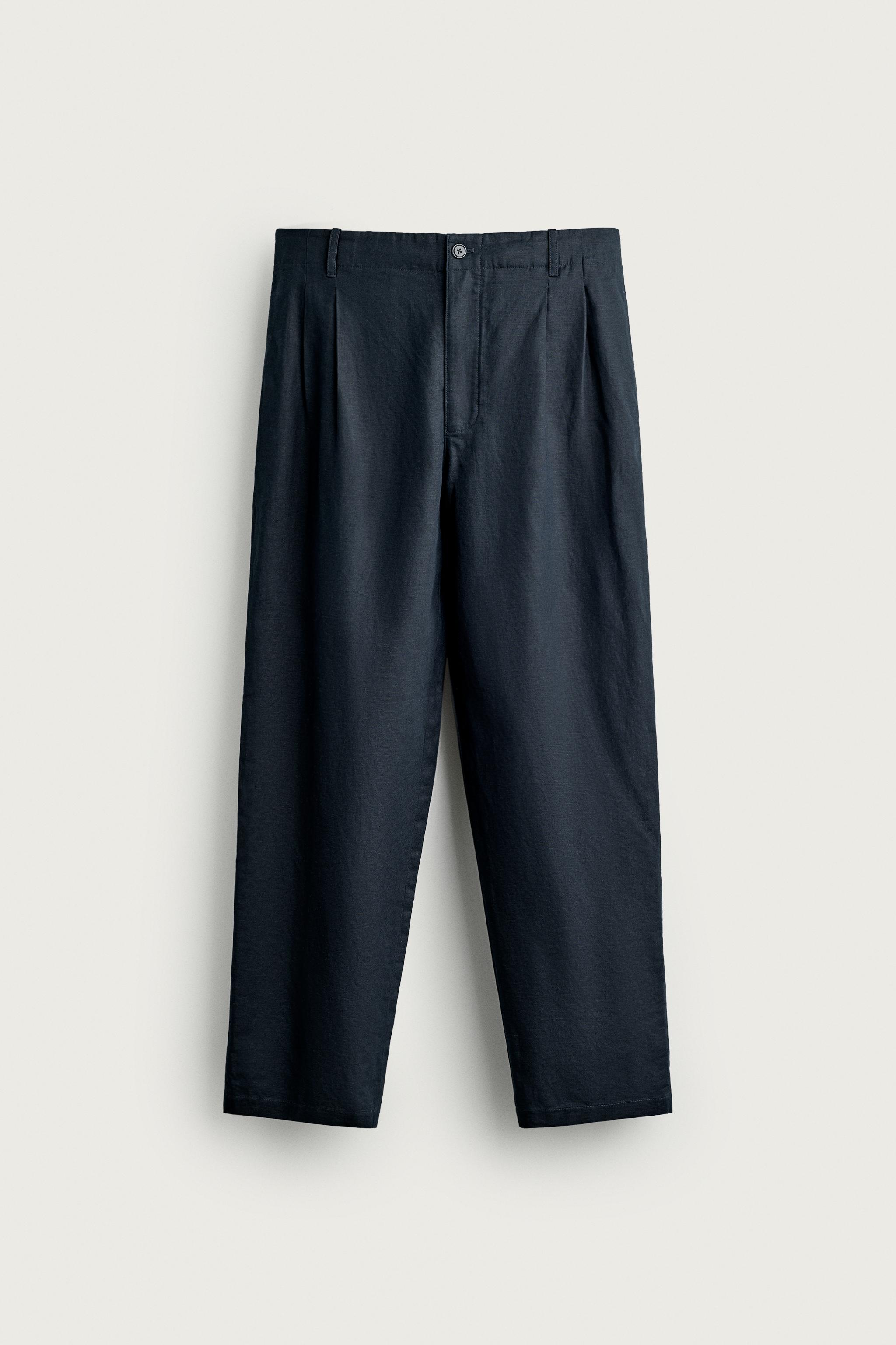HEMP AND COTTON RELAXED FIT PANTS — Dark navy