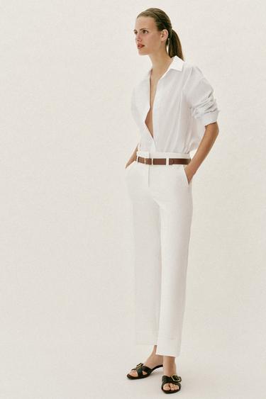 TROUSERS WITH TURN-UP CUFFS AND BELT - White by Zara - Image 2