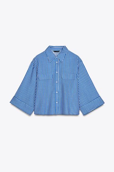 CHEMISE RAYURES AVEC LIN - Bleu / Blanc de Zara