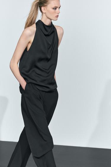 Flowing halter neck top with waistband effect — Black 2