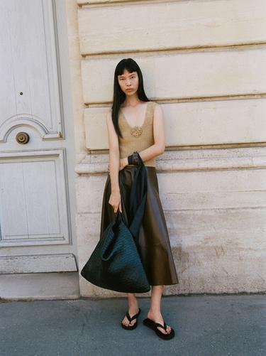 Zara Nappa leather flared midi skirt - Brown