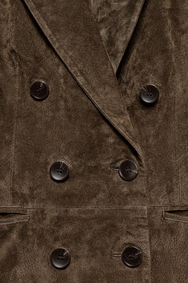 100% LEATHER SUEDE DOUBLE-BREASTED BLAZER - Khaki by Zara - Image 8