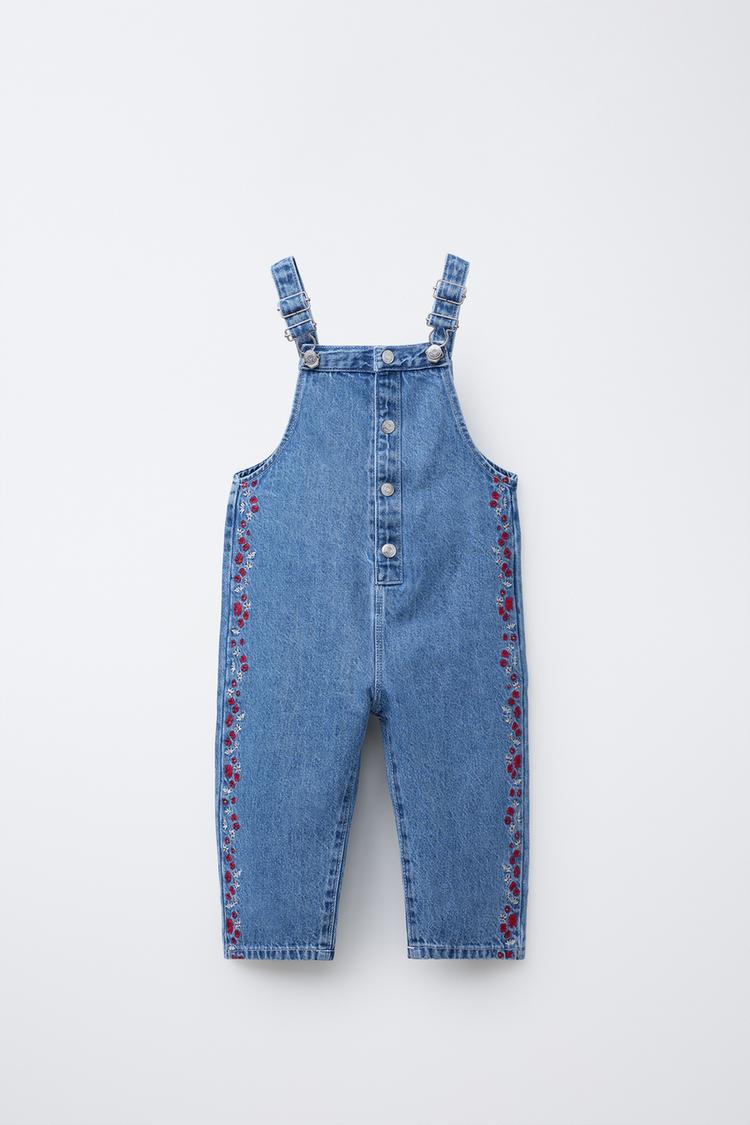 刺繍入りロングデニムオーバーオール - ミディアムブルー | ZARA Japan 
