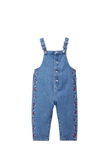 EMBROIDERED LONG DENIM DUNGAREES - Mid-blue by Zara - Image 0