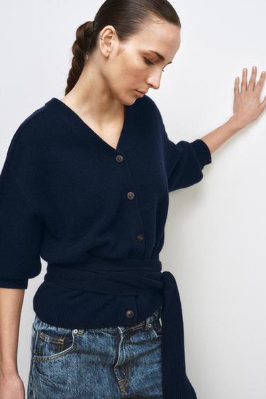 100% WOOL CARDIGAN WITH PUFF SLEEVES - Navy blue by Zara