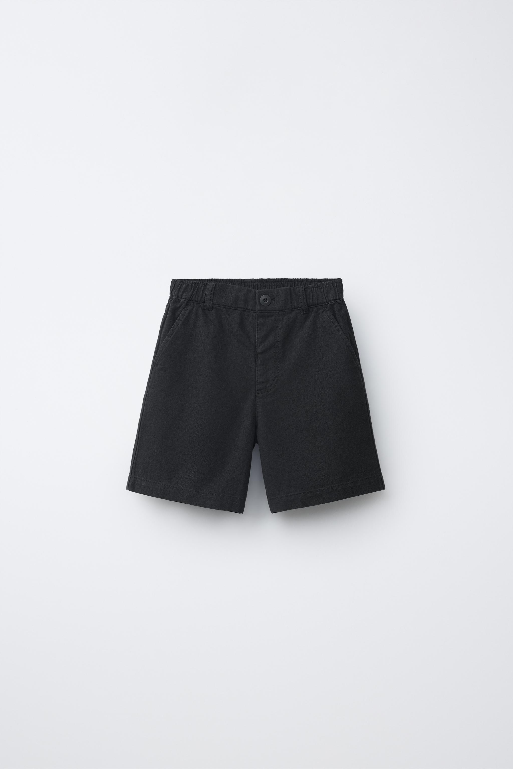 COTTON AND LINEN SHORTS — Black