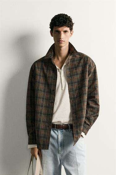 CAMISA AMPLA RELAXED FIT JACQUARD XADREZ - Marrom da Zara