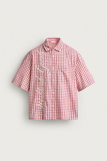 РУБАШКА RELAXED FIT В КЛЕТКУ С ВЫШИВКОЙ — Белый / Красный от Zara — изображение 0