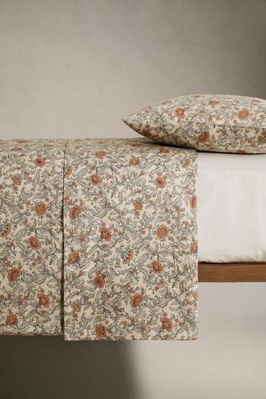 FLORAL PRINT SATEEN FLAT SHEET (300 THREAD COUNT) - Light beige by Zara - Image 2