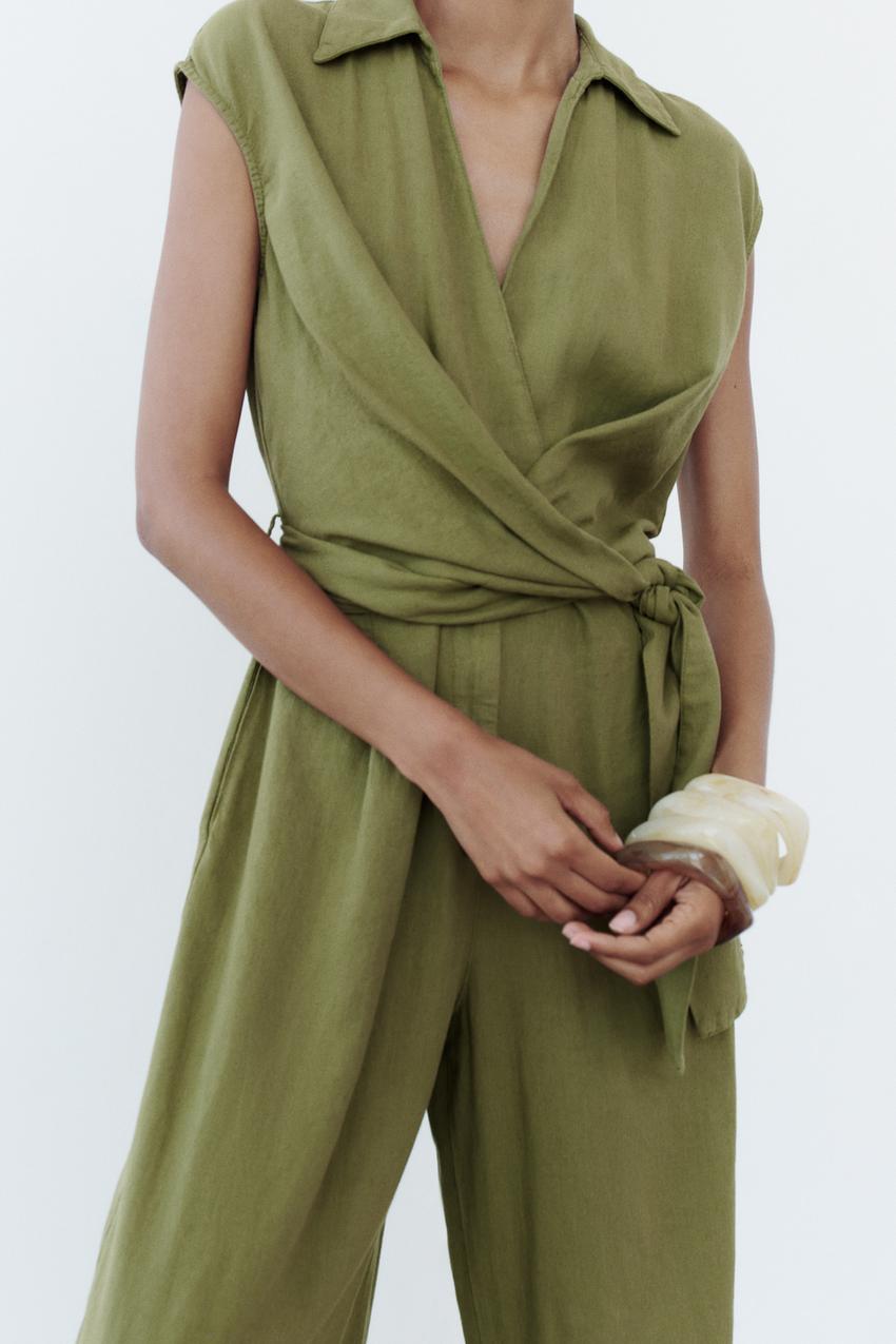 FULL CUT KNOTTED LINEN BLEND JUMPSUIT - Khaki | ZARA United 