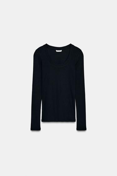 CAMISETA RIB MANGA LARGA - Carbón de Zara