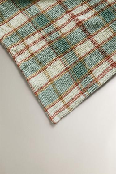 CHECK WAFFLE KNIT COTTON BLANKET - Green / Blue by Zara - Image 1