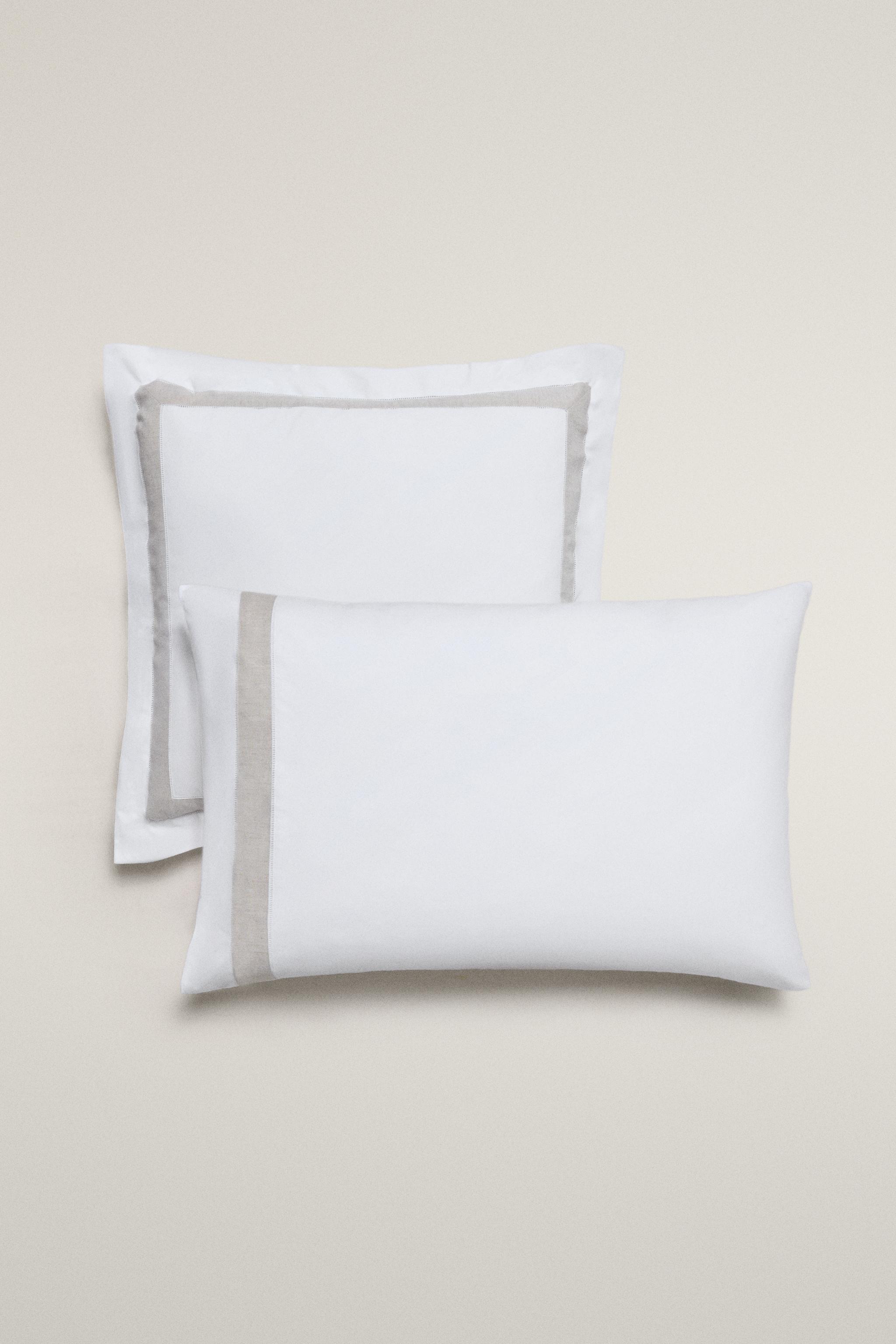 COTTON PILLOWCASE WITH LINEN BORDER — White
