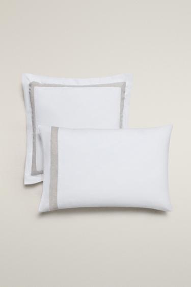 COTTON PILLOWCASE WITH LINEN BORDER - White by Zara - Image 0