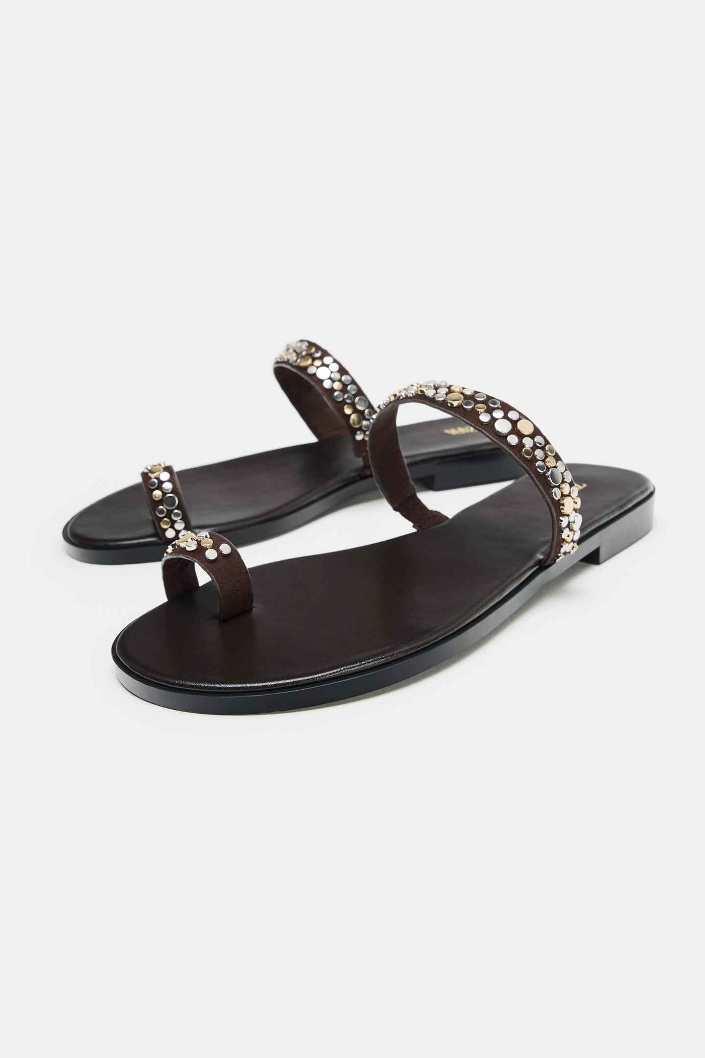 Женские сандалии Zara Studded Flat, цвет: Коричневый — фото 5