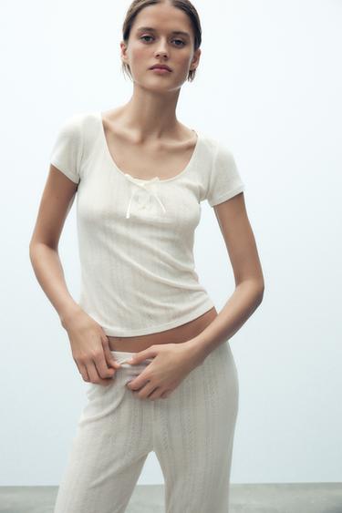 POINTELLE TOP WITH SATIN BOW - Oyster-white by Zara
