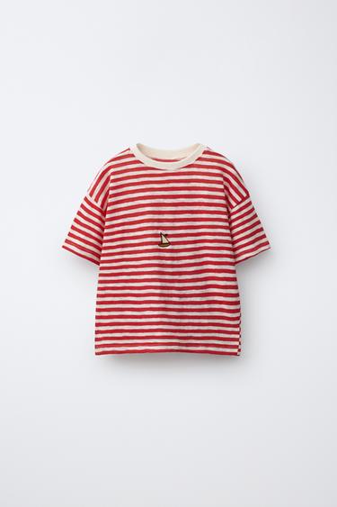 STRIPED EMBROIDERED T-SHIRT - Red by Zara