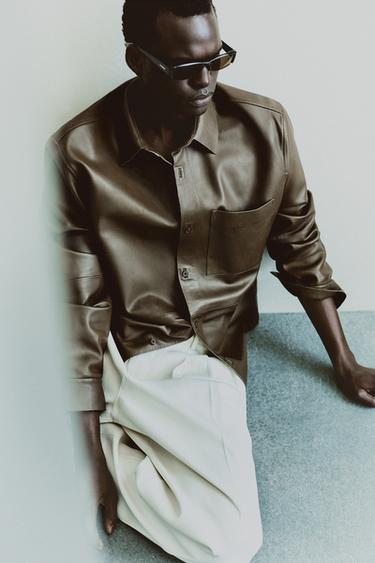 LEATHER SHIRT WITH POCKET - Khaki by Zara