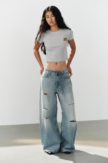 CROPPED BEAR EMBROIDERY T-SHIRT - Grey marl by Zara