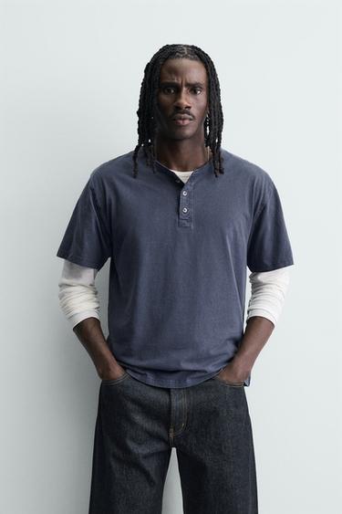 Zara WASHED HENLEY T-SHIRT - Navy blue