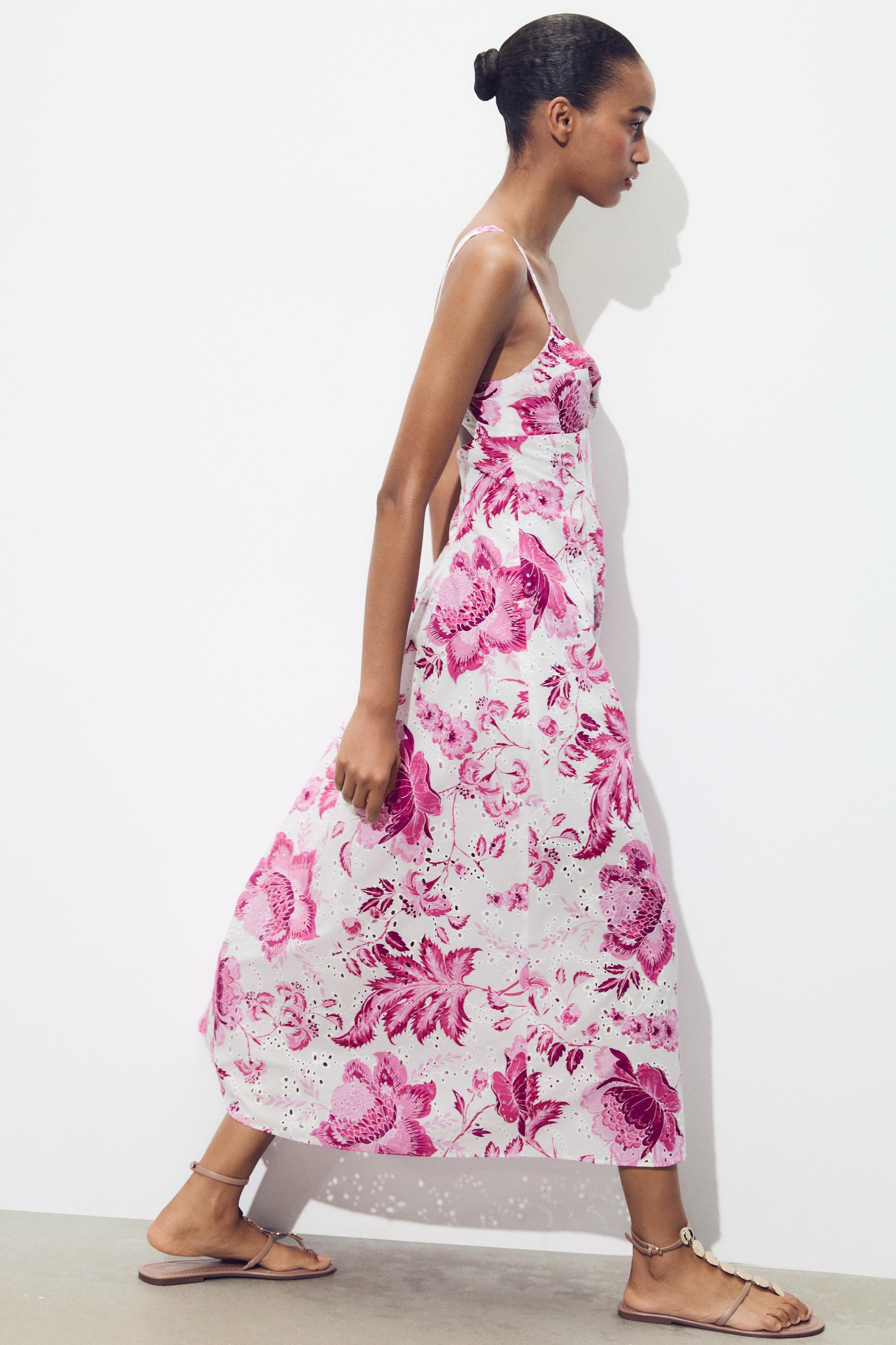PRINTED DRESS WITH OPENWORK EMBROIDERY - Pink / White | ZARA