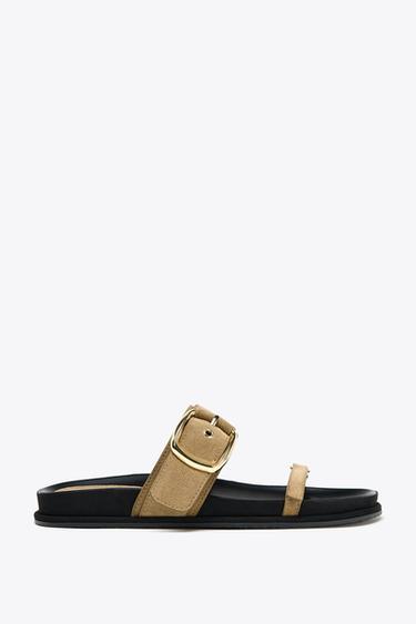FLAT SPLIT SUEDE STRAPPY SANDALS - Sand Brown by Zara