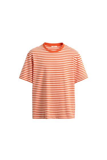 Zara REGULAR FIT STRIPED JACQUARD T-SHIRT - white-orange