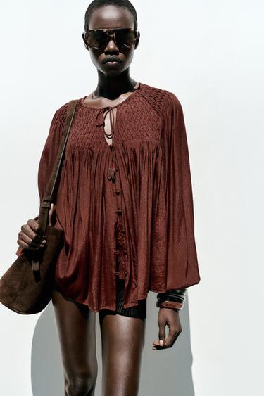 GATHERED FLOWING BLOUSE - Brown by Zara - Image 4