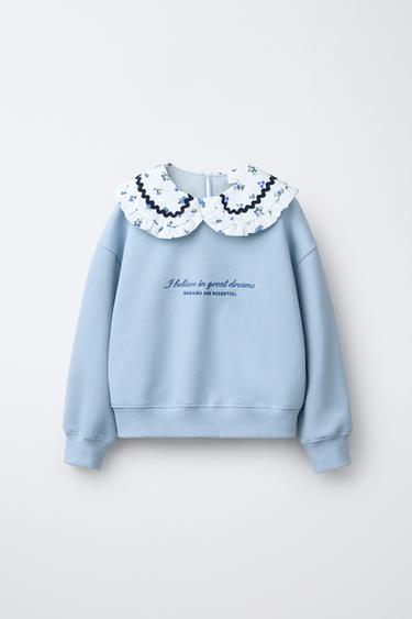 PETER PAN COLLAR SWEATSHIRT WITH SCALLOPED TRIM AND EMBROIDERED SLOGAN - Zara-ს Sky blue - სურათი 0