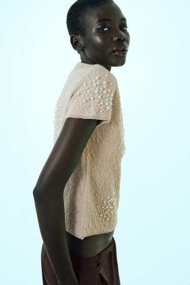 CRINKLE-EFFECT FAUX PEARL KNIT TOP - Beige-pink by Zara - Image 2