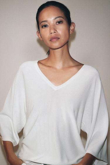 Zara FLOWY V-NECK KNIT JUMPER - White