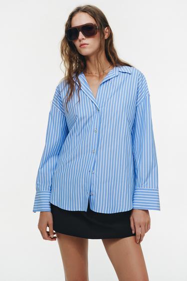 CHEMISE BASIQUE EN POPELINE - Bleu / Blanc de Zara - Image 1