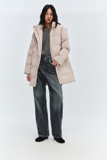 Zara 半長版橡膠塗層防風連帽外套 - 裸色