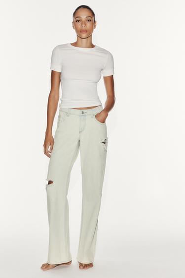 TRF LOW-RISE RIPPED WIDE-LEG JEANS - Light blue by Zara