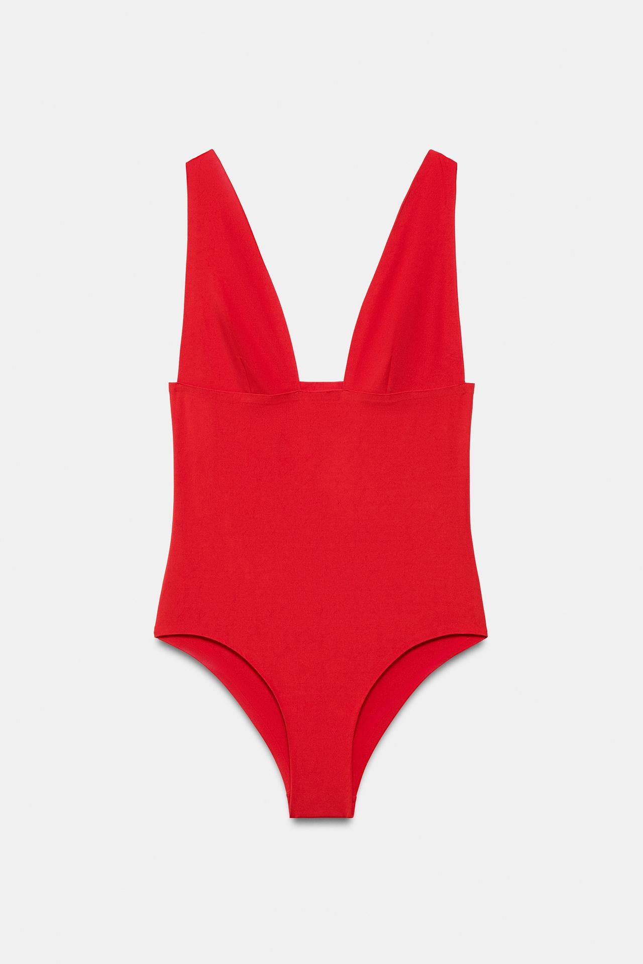 SOLID PLUNGE SWIMSUIT — Red