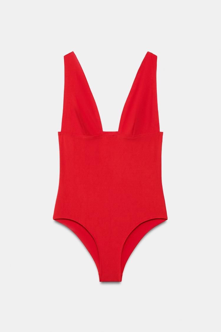SOLID PLUNGE SWIMSUIT — Red