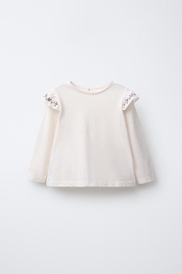 Zara EMBROIDERED FLORAL RUFFLE SHIRT - Pink