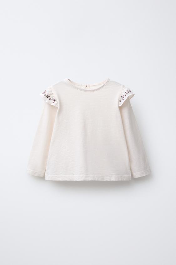 T-SHIRT WITH EMBROIDERED FLORAL RUFFLE - Pink by Zara - Image 0
