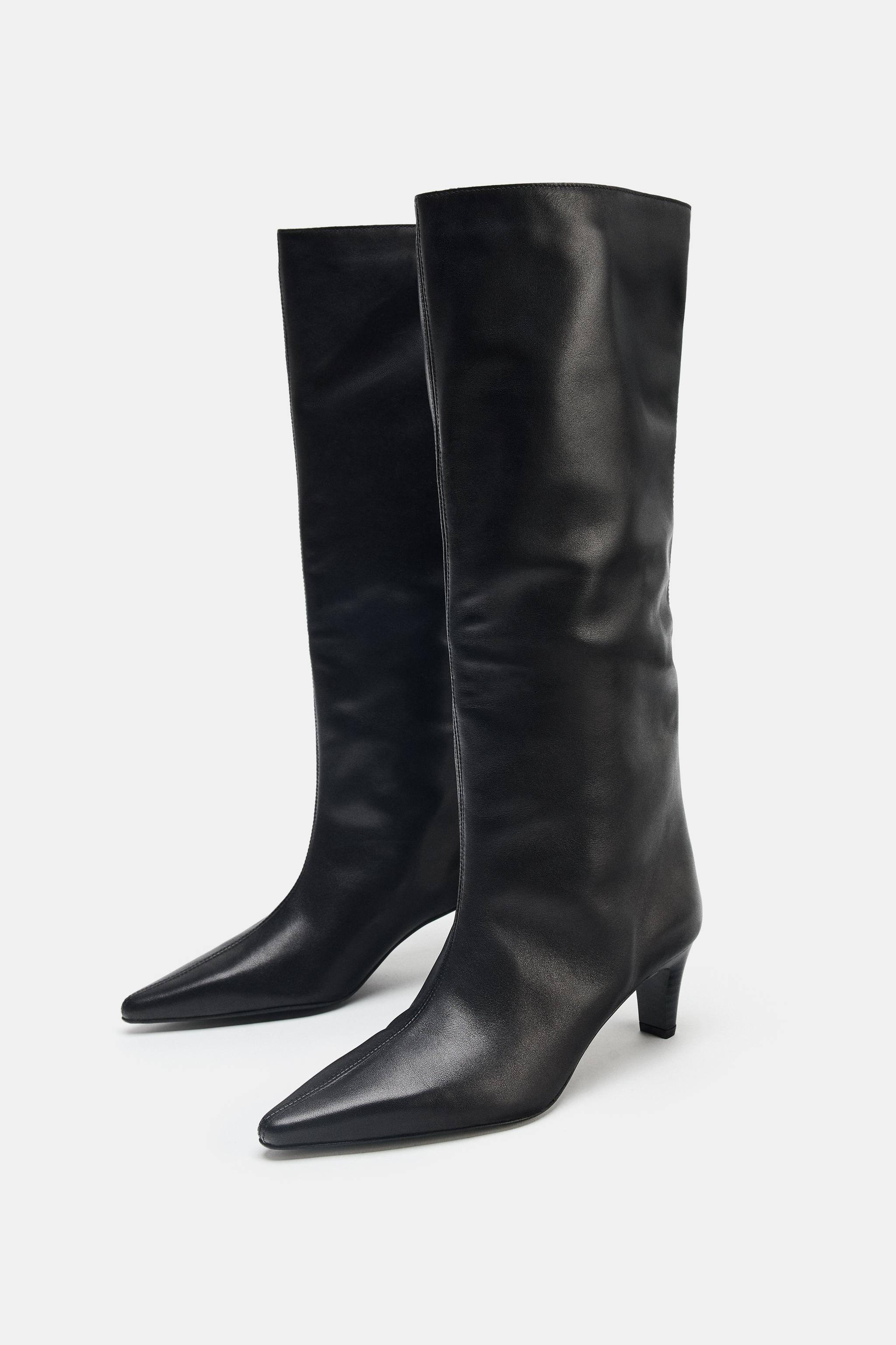 LEATHER KITTEN HEEL BOOTS - Black | ZARA United States
