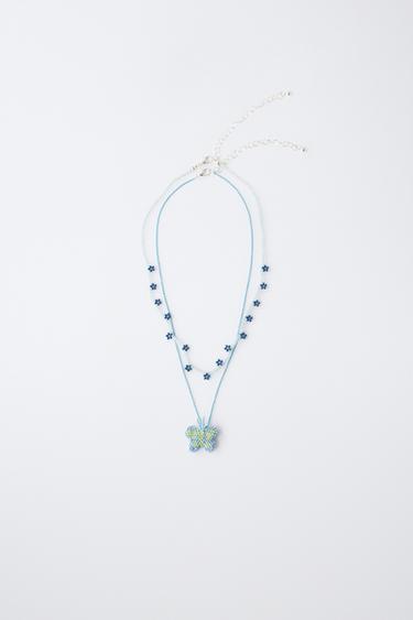 PACK OF TWO BEAD NECKLACES WITH BUTTERFLY AND FLOWERS - Blue by Zara