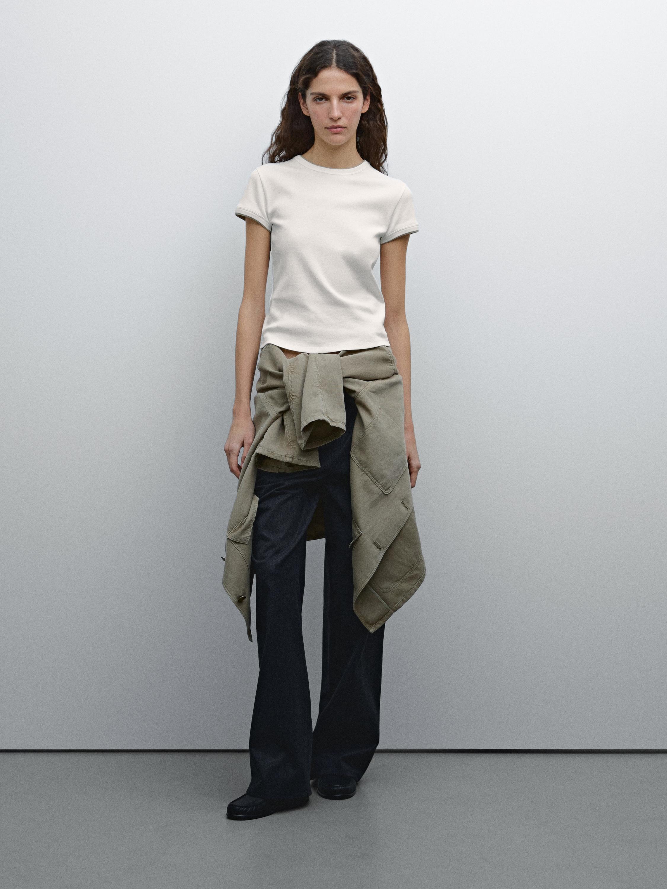 100% cotton contrast ribbed T-shirt - Oyster-white | ZARA