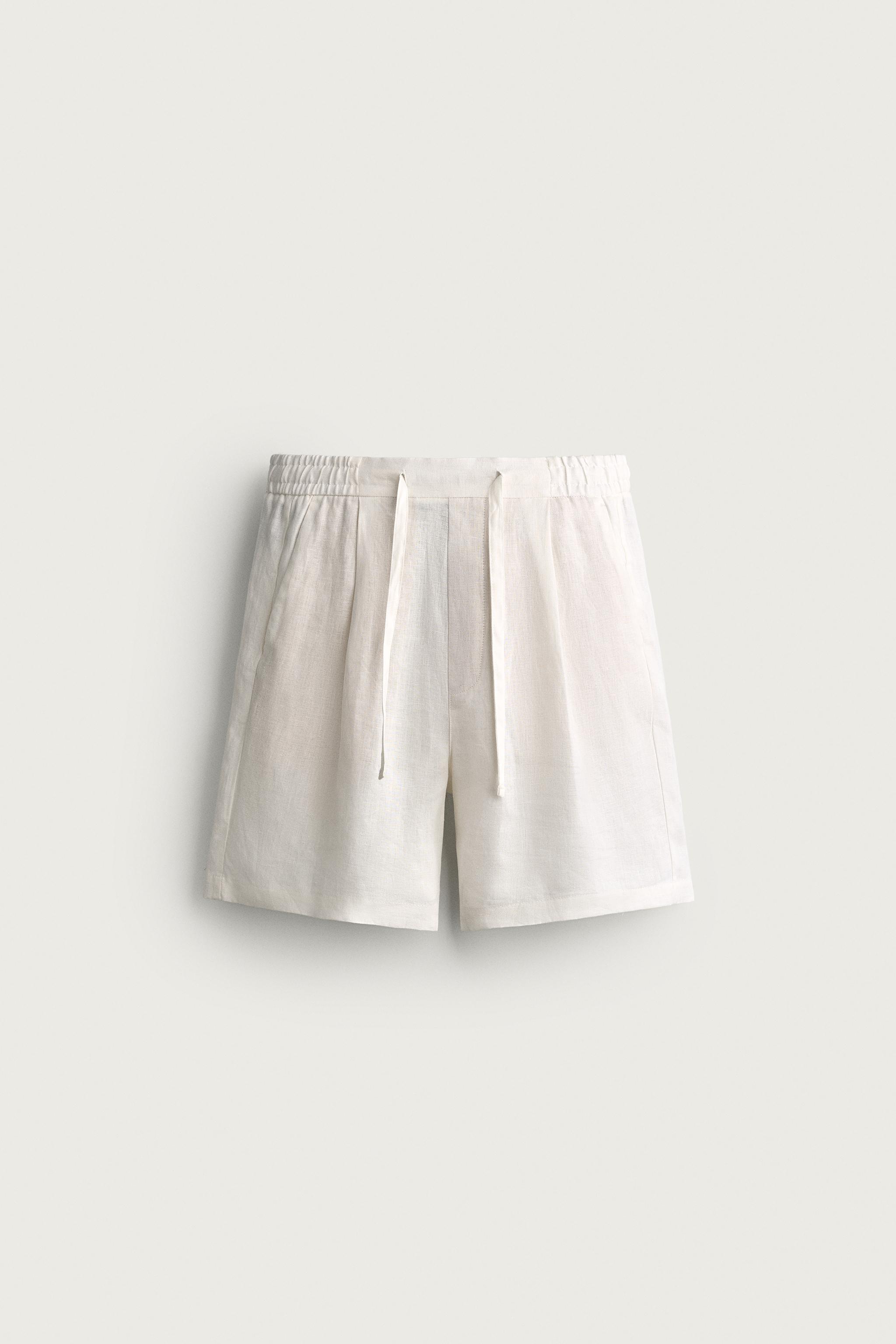 100% LINEN RELAXED FIT SHORTS — White