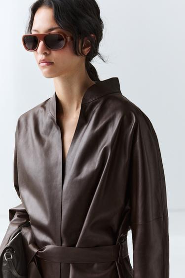 Zara Wrap-front nappa leather jacket with tie detail - Brown