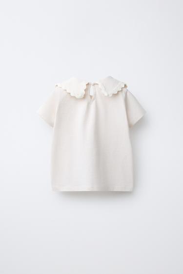 T-SHIRT WITH PETER PAN COLLAR AND WAVY TRIM - Zara-ს Ecru