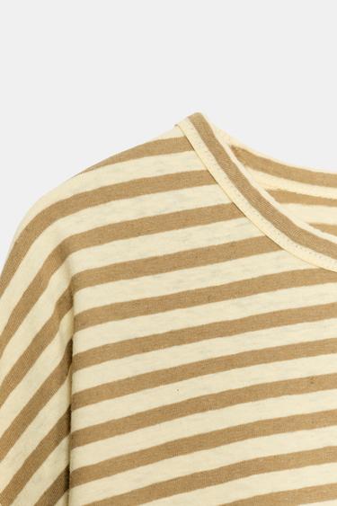STRIPED COTTON AND LINEN T-SHIRT - Beige by Zara - Image 6